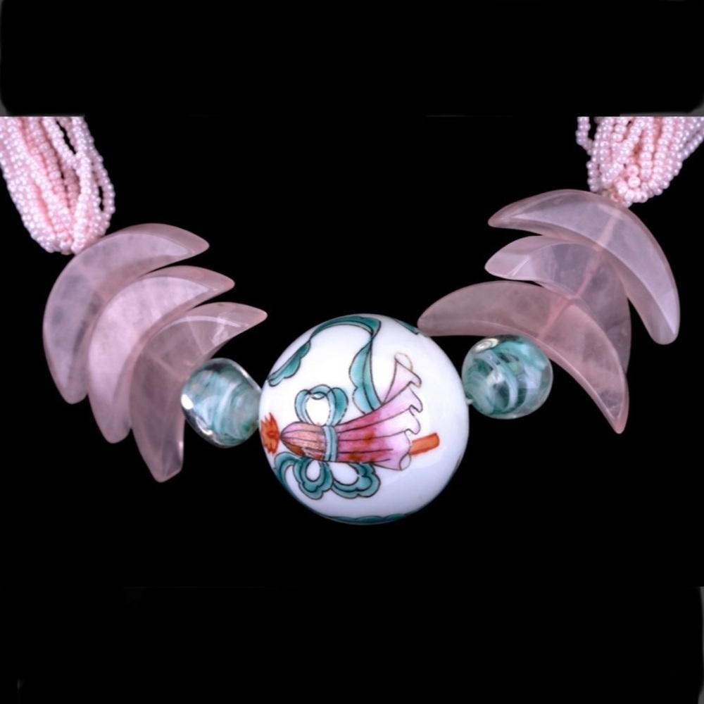 Rose Quartz Necklace with Cloisonne Chinese-style Pendant 16” - Picture 2 of 3